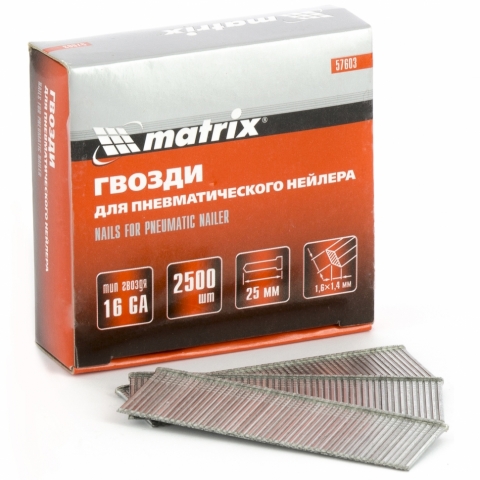 products/Гвозди 16GA для пневматического нейлера сечение 1,6х1,4, длина 25 мм, 2500 шт. MATRIX 57603